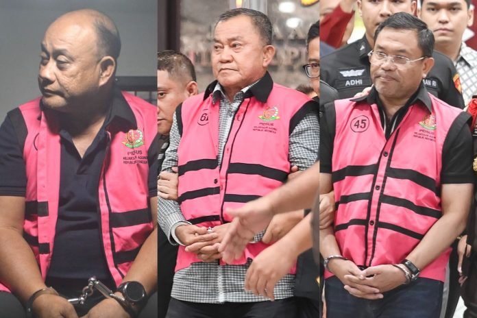 Tiga mantan pimpinan BGN: Dadan Hindayana (kiri), Lodewyk Pusung (tengah), dan Sony Sanjaya (kanan)(ANTARA FOTO/M Risyal Hidayat)